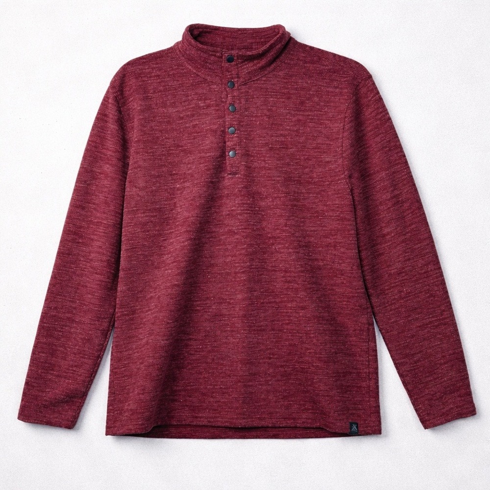 ZeroXposur Mens Large Burgundy Heather Snap Mock Neck Waffle Knit Pullover Shirt